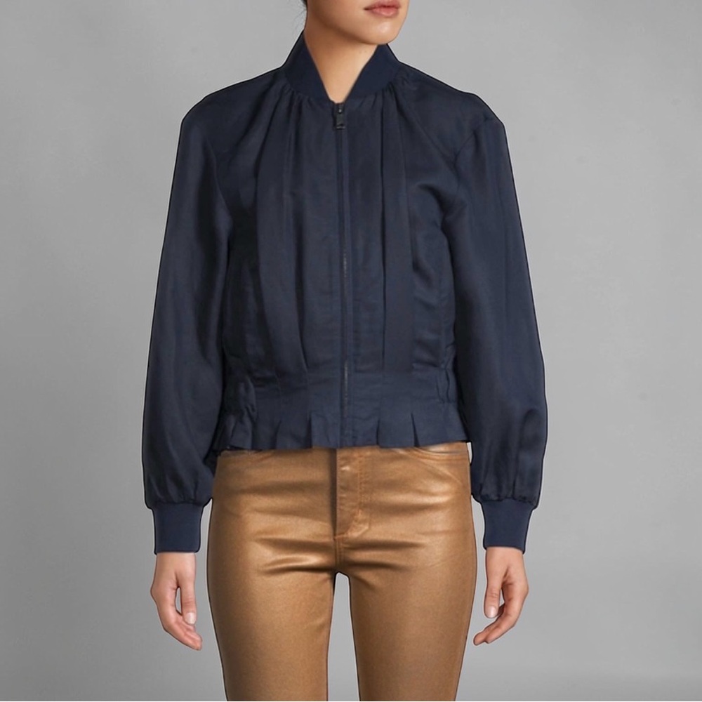 New! FRAME Pintuck Linen Blend Blue Bomber Jacket size S/P